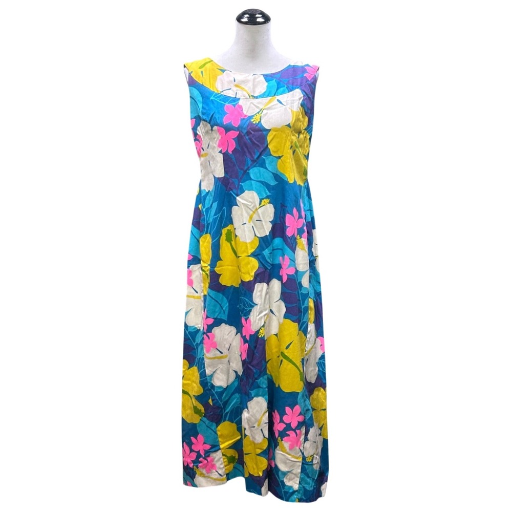VTG 1960s Malihini Hawaii Maxi Dress Womens 14 Blue Floral Cotton Tropical 801